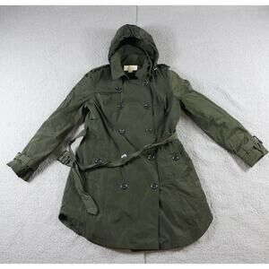 Michael Kors Rain Coat Womens M Green Lined Belted Pockets Hooded